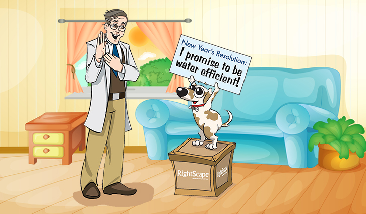 Cartoon scientist in a lab coat applauds a dog standing on a crate, holding a banner about water efficiency in a sunny living room.