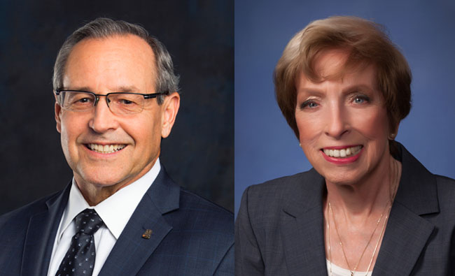 Two professionals side by side: a man with glasses in a dark suit on the left and a woman in a blazer on the right.