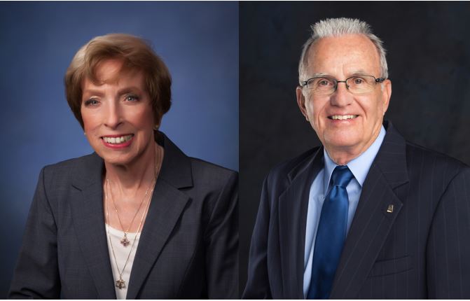 Portraits of a woman and a man in business attire side by side.