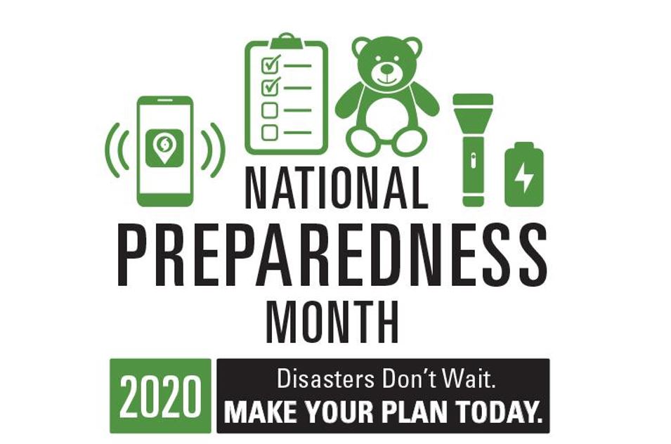 National Preparedness Month 2020 graphic with green icons: phone with location, clipboard, teddy bear, flashlight.