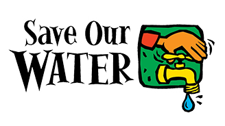 Cartoon faucet being turned off by a hand beside the bold 'Save Our WATER' slogan.