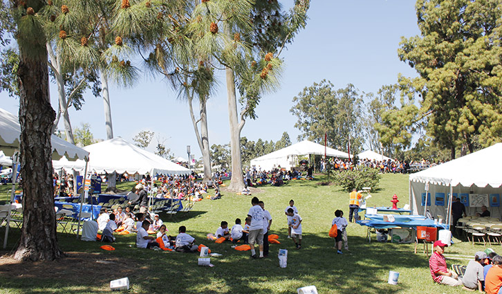 Park festival with white tents, families picnicking on the grass under tall pine trees on a sunny day.