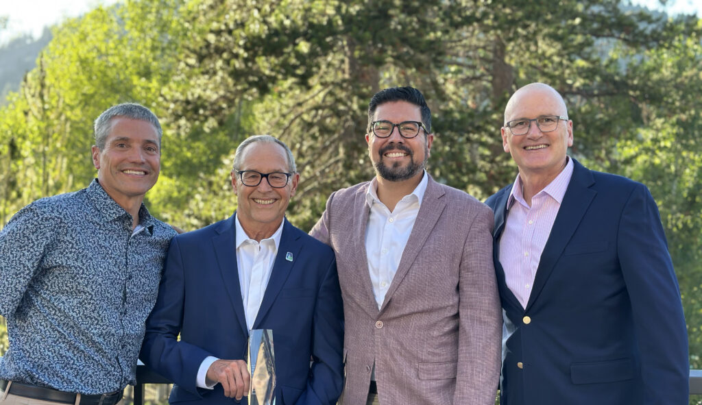 California Natural Resources Secretary Wade Crowfoot, IRWD President Steve LaMar, State Water Resources Control Board Chair Joaquin Esquivel, and CCEEB President Tim Carmichael celebrate the honor at a celebration this week.